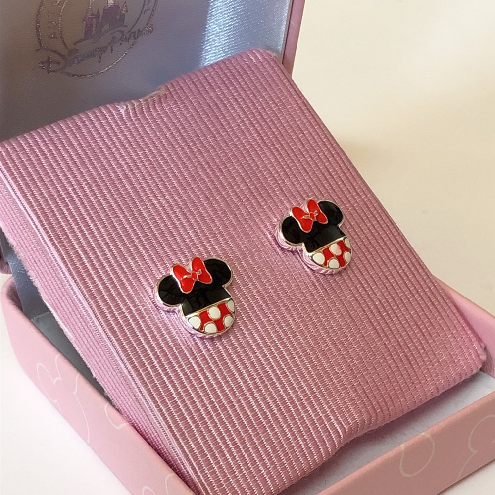 Disney Parks Minnie Mouse Stainless Steel Enamel Earrings Polka Dot Bow Rare